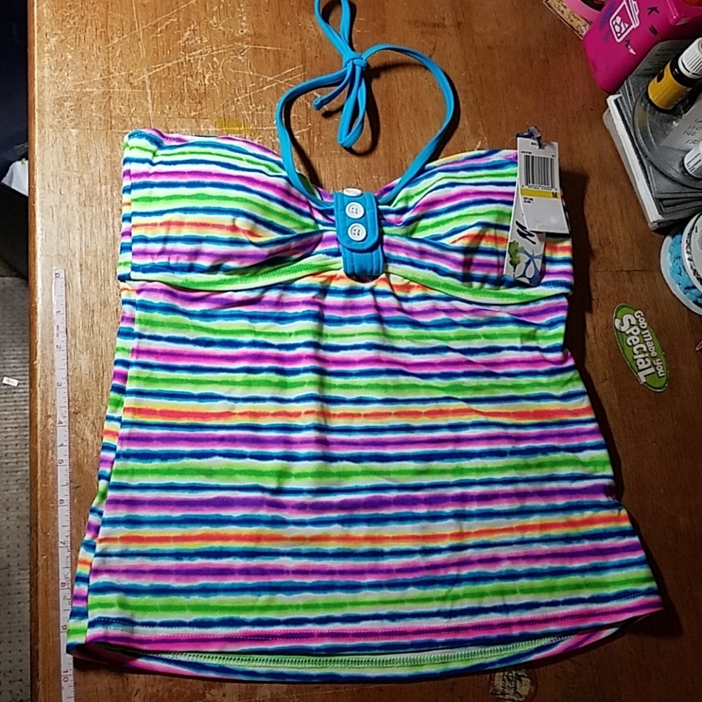 Malibu Swimwear Top Striped Blue Pink Yellow